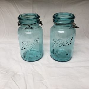 Vintage Ball Blue Glass Ideal Mason Jar Set Of 2 Jars
